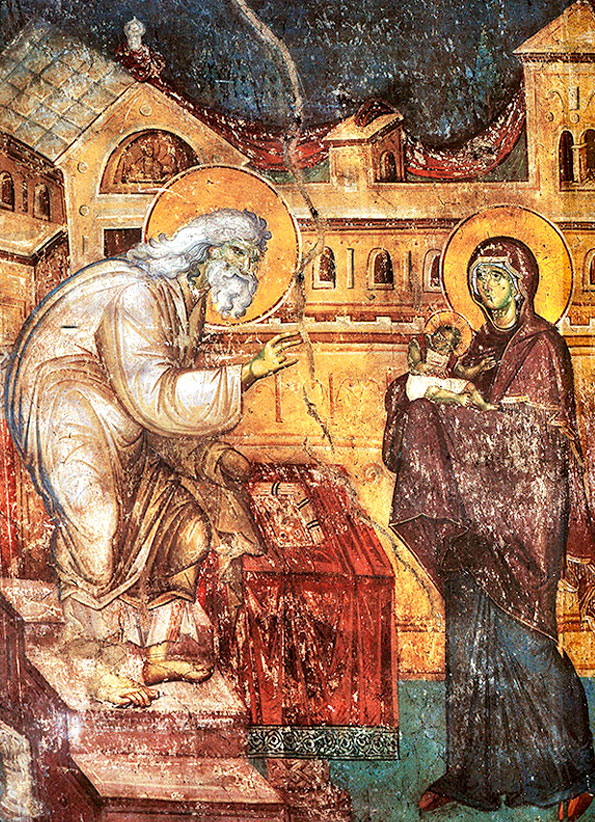 Сретение Господне (Фрагмент фрески. XIII в. Успенский собор Протата, Карея, Афон)