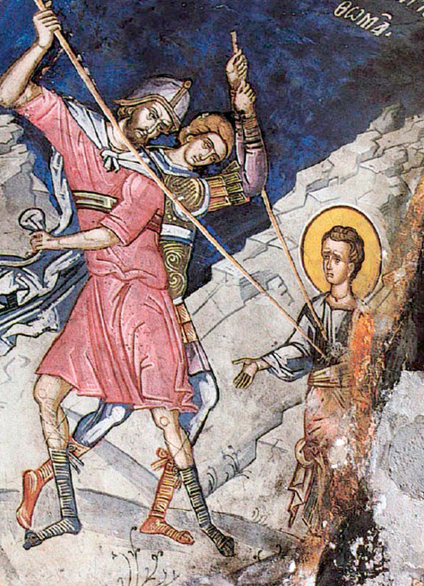 Убиение ап. Фомы (Фрагмент фрески. XVI в. Мон. Дионисиат, Афон)