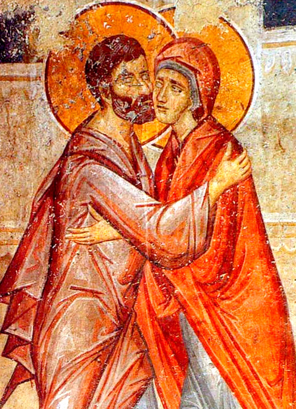 Встреча праведных Иоакима и Анны (Фрагмент фрески. XIII в. Мон. Богоматери Олимпиотиссы, Эласон, Греция)