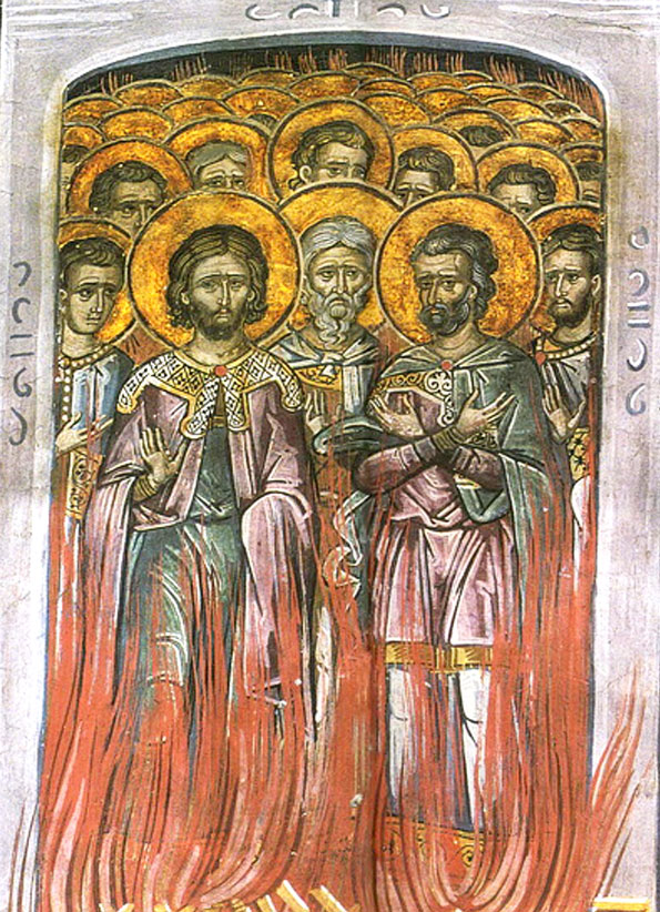 Святые 20 000 мучеников, в Никомидии в церкви сожженные (Фрагмент фрески. XVI в. Мон. Дионисиат, Афон)