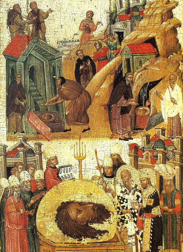 Обретение главы Иоанна Предтечи (Икона. XIV в. Великая Лавра, Афон)