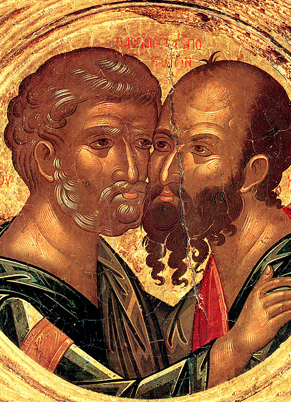 Первоверховные апостолы Петр и Павел (Фрагмент настенной росписи. XV в. Патмос, Греция)