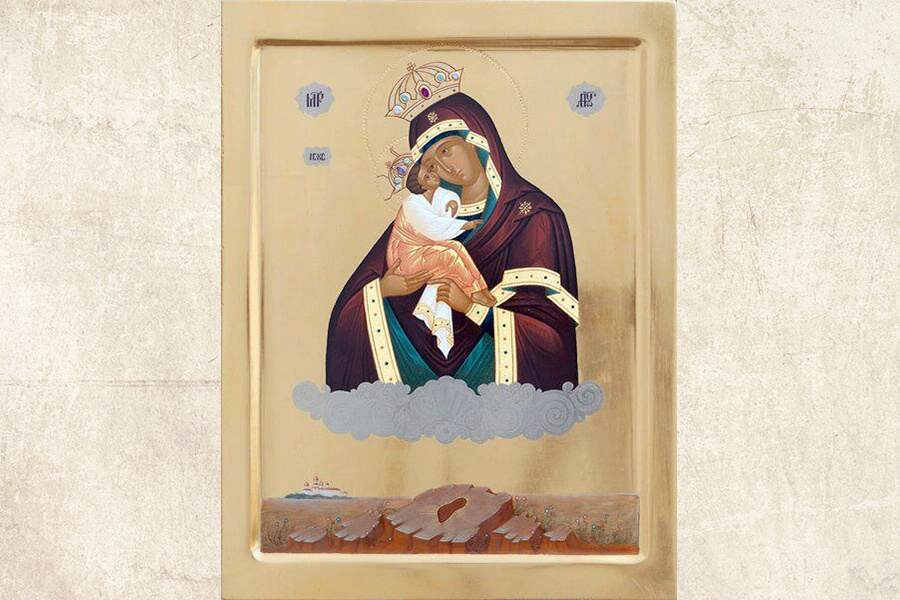 Почаевская икона с изображением отпечатка стопы Божией Матери 