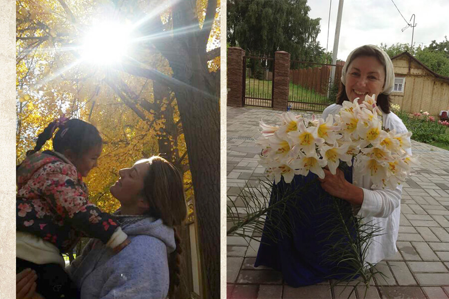 с дочкой и цветами